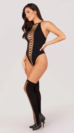 Dreamgirl Criss-Cross Test Me Teddy Set -Forplay Shop DG 0313 LACE UP TEDDY SET BODYSUIT STOCKINGS BLACK 0985