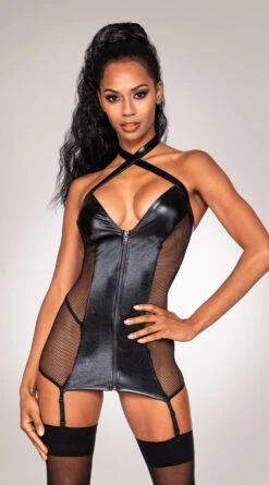 Dreamgirl Dark Side Vinyl And Fishnet Chemise Set