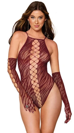 Dreamgirl Fishnet Zebra Teddy And Gloves Set