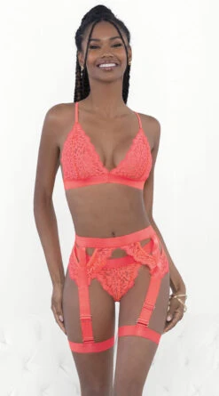 Neon Coral Gartered Bra Set