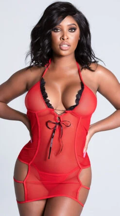 Ruched Mesh Halter Chemise -Forplay Shop GL 32132 RED 2 PS01182021