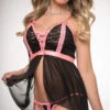 Empire Waist Laced Babydoll Set -Forplay Shop GW D2202 Black Hot Pink 35 2022MAY48315