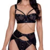 Roma Studs & Kisses Bra And Garter Set -Forplay Shop RM LI601 Black APR2023