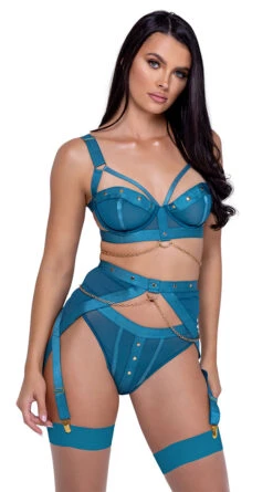 Roma Studs & Kisses Bra And Garter Set -Forplay Shop RM LI601 Teal 2 APR2023