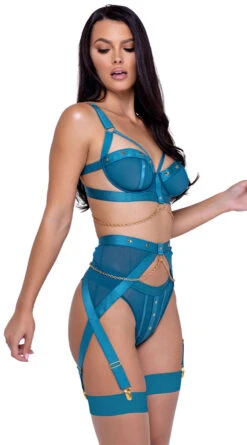 Roma Studs & Kisses Bra And Garter Set -Forplay Shop RM LI601 Teal APR2023