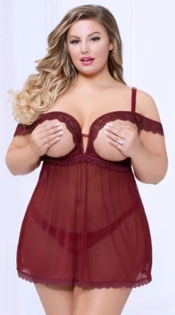 Plus Size Femme Fatale Babydoll Set -Forplay Shop ST 10972X WINE F 2019FEBCollection a