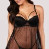 Yandy Dot Your Eyes Black Babydoll Set -Forplay Shop YB 518008 BLK PADDED UNDERWIRE SHEER DOTTED BABYDOLL SET BLACK 3481