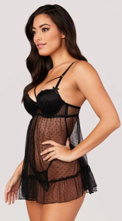 Yandy Dot Your Eyes Black Babydoll Set -Forplay Shop YB 518008 BLK PADDED UNDERWIRE SHEER DOTTED BABYDOLL SET BLACK 3494