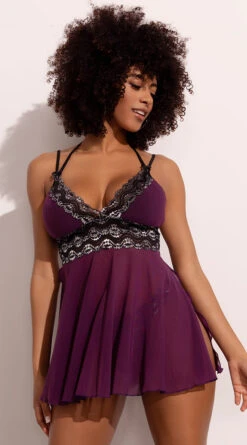 Yandy High Class Desires Babydoll Set -Forplay Shop YDR YNDY 0028 BABYDOLL THONG SET PLUM BLACK 01172023 1381