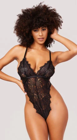 Yandy High Key Fine Lace Teddy -Forplay Shop YO 52 11779 SHEER LACE HIGH CUT TEDDY BLACK 5002