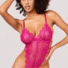 Yandy High Key Fine Lace Teddy 1 Yandy High Key Fine Lace Teddy -Forplay Shop YO 52 11779 SHEER LACE HIGH CUT TEDDY FUCHSIA 4521