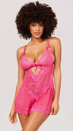 Yandy Sweet And Sexy Babydoll Set -Forplay Shop YO 74 11755 LACE MESH BABYDOLL BOW CUTOUT PINK 2814